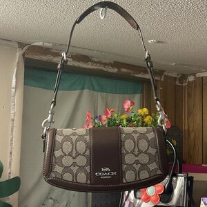 Coach Brown Signature Canvas Shoulder Bag with Dark Leather Trim